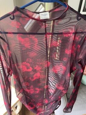 Abercrombie & Fitch Black Sheer Top with Red Floral Print